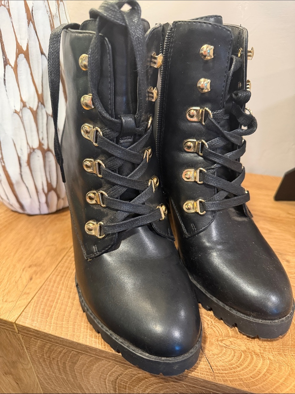 Black Lace-Up Ankle Boots with Gold Hardware - Women